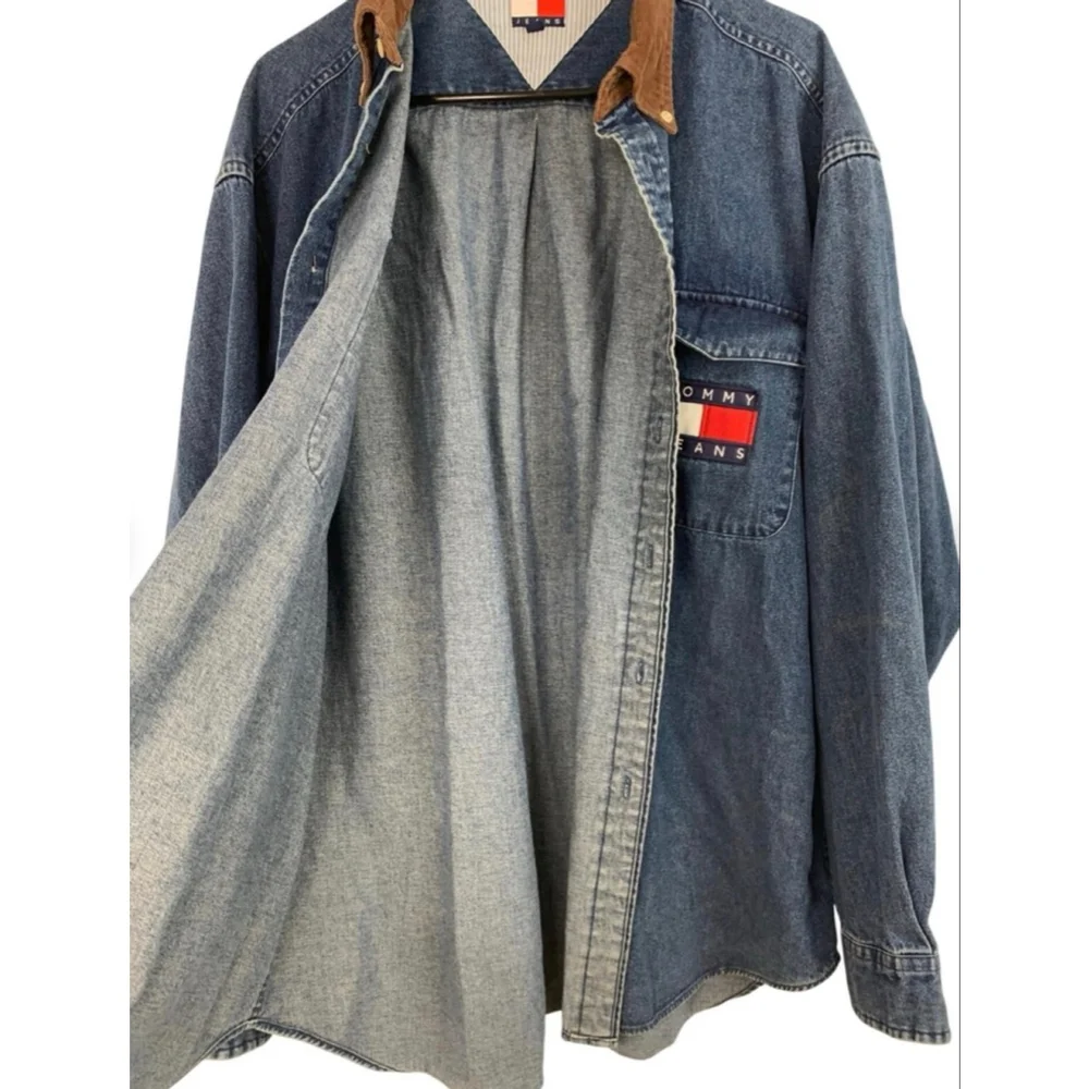 Vintage Tommy Hilfiger 90's Streetwear denim Shirt Cord Collar Mens S Oversized